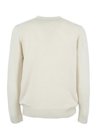Maglione lavorato a maglia color crema con orlo e polsini a coste. Presenta un classico collo rotondo e un design semplice, senza cuciture.