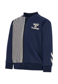 Navy zip-up jacket in soft fabric, featuring a striped pattern on one side and a logo. Includes ribbed cuffs and diagonal stripes on sleeves.