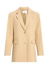 Beżowa marynarka z klapkami, jednorzędowa, z zapięciem na dwa guziki i kieszeniami bocznymi. Wykonana z gładkiego materiału z dopasowanym krojem.