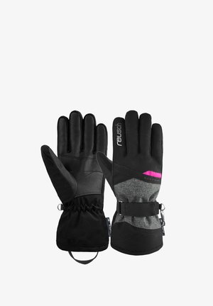 Guantes negros que combinan materiales de cuero y softshell, con una palma texturizada, puño elástico en la muñeca y un detalle de acento en magenta. Logo de la marca visible.