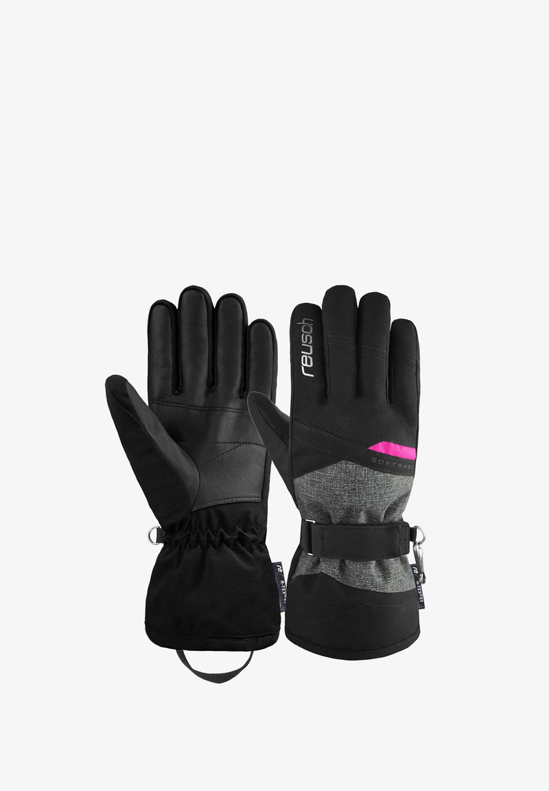 Guanti neri realizzati in pelle e materiali softshell, con palmo testurizzato, polsino elastico e dettaglio accentato in magenta. Logo del marchio visibile.