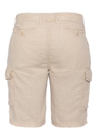Beige Cargo-Shorts mit elastischem Bund, zwei Seitentaschen und zwei Klappentaschen an den Beinen. Hergestellt aus leichtem, strukturiertem Stoff.