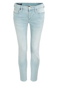 Jean skinny bleu clair en denim, doté de cinq poches, d'une fermeture à bouton et d'un délavage subtil, avec une texture lisse et douce.