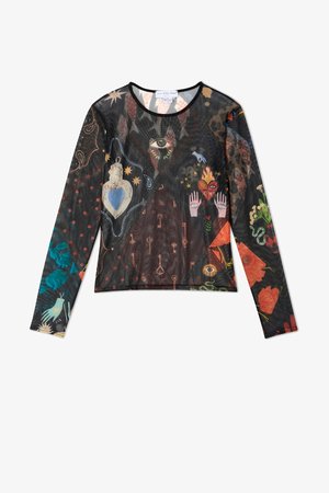 Long-sleeve, sheer mesh top with multicolored mystical prints, including eyes, hearts, and keys on a black background. Round neckline.