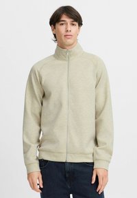 Light beige zip-up sweatshirt with a high collar, ribbed cuffs, and structured seams, worn over dark jeans. Soft fabric with a textured appearance.