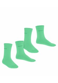 Zielone bawełniane skarpetki w zestawie czterech, o gładkiej fakturze, prążkowanych mankietach i logo nadrukowanym blisko góry.