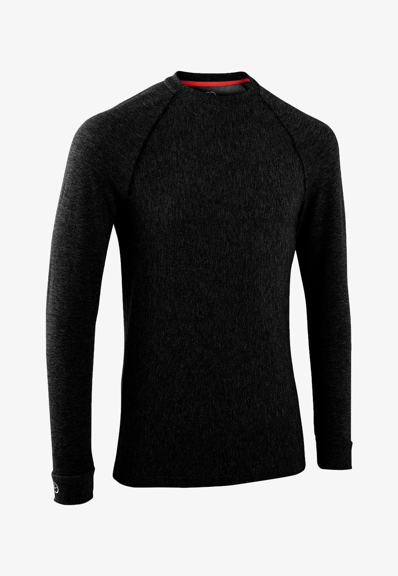 Black long-sleeve shirt made from textured fabric, featuring a crew neckline and contrasting red accent on the inner collar.
