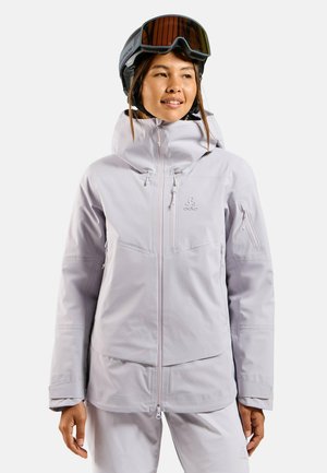 Light gray ski jacket with a hood, zippered pockets, and a smooth texture. Features a front zipper and subtle logo detail on the chest.