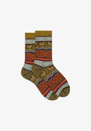 Knee-high socks featuring intricate patterns in shades of red, green, blue, and beige, with rooster and floral motifs. Soft texture.