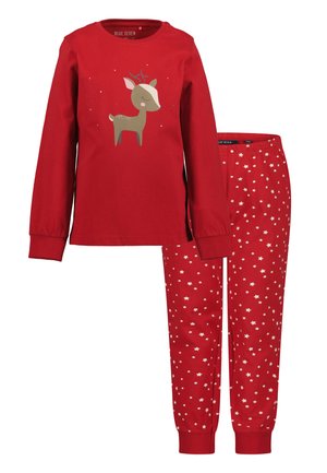 Rotes langärmeliges Oberteil mit Rentiermotiv mit geschlossenen Augen und passende rote Hose mit weißem Sternenmuster, Kinder-Pyjama-Set.