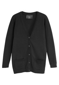 Schwarze Strickjacke aus weichem Material, mit V-Ausschnitt, langen Ärmeln, sechs Knöpfen vorne und zwei aufgesetzten Taschen.