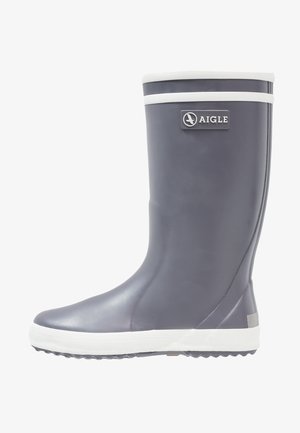 Børns mørkegrå gummistøvle med hvid kant og Aigle-logo på øverste skaft, set fra siden.