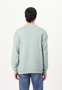 Light green sweatshirt with a collared neckline, dropped shoulders, and ribbed cuffs. Paired with blue jeans, viewed from the back.