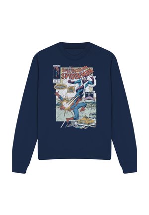 Navy sweatshirt with vintage comic cover of Spider-Man fighting Boomerang, text "Spectacular Spider-Man" and "Blasted by Boomerang."