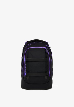 Black backpack with purple zippers and accents, multiple compartments, front straps, and a padded handle on top, standing upright.