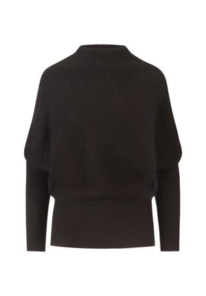 Schwarzer gerippter Strickpullover mit hohem Kragen, Fledermausärmeln und tailliertem Saum. Weiche Textur mit horizontalen und vertikalen Rippmustern.