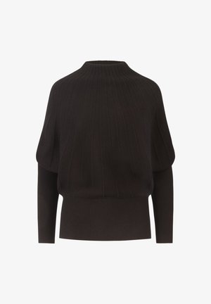 Schwarzer gerippter Strickpullover mit hohem Kragen, Fledermausärmeln und tailliertem Saum. Weiche Textur mit horizontalen und vertikalen Rippmustern.