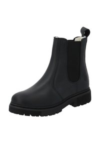 Schwarze Leder-Ankle-Boots mit elastischen Seitenpaneelen, runder Zehenpartie und strukturiertem Gummisohle. Mit einer Zuglasche für einfaches Anziehen.