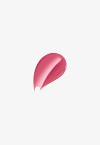Glossy pink liquid lipstick smear with smooth texture on a light gray background.