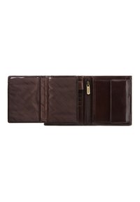 Portafoglio in pelle marrone con una superficie liscia, diversi scomparti per carte, un vano per monete con zip e un motivo interno in rilievo.