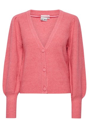 Cardigan a maglia a costine rosa chiaro, con scollo a V, cinque bottoni frontali e maniche lunghe a sbuffo. Tessuto morbido e design di lunghezza corta.