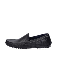 Schwarze perforierte Slipper verfügen über eine runde Zehe, eine strukturierte Oberfläche und dekorative Akzente sowie eine Gummisohle für besseren Grip.