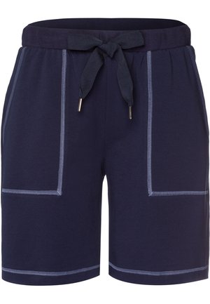 Marineblaue Shorts mit einem Kordelzugbund, aus weichem Stoff gefertigt. Verfügt über zwei große Fronttaschen und kontrastierende helle Nähte.