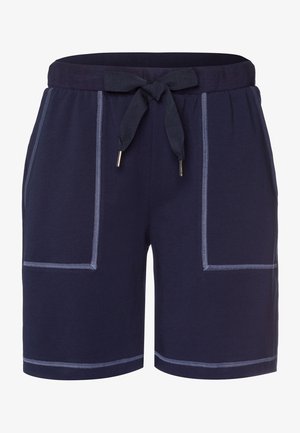 Marineblaue Shorts mit einem Kordelzugbund, aus weichem Stoff gefertigt. Verfügt über zwei große Fronttaschen und kontrastierende helle Nähte.