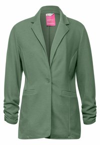 Zelené sako z měkké látky s vykrojeným klopovým límcem, dvěma předními kapsami a jedním zapínacím knoflíkem. Texturovaný pletený vzor.