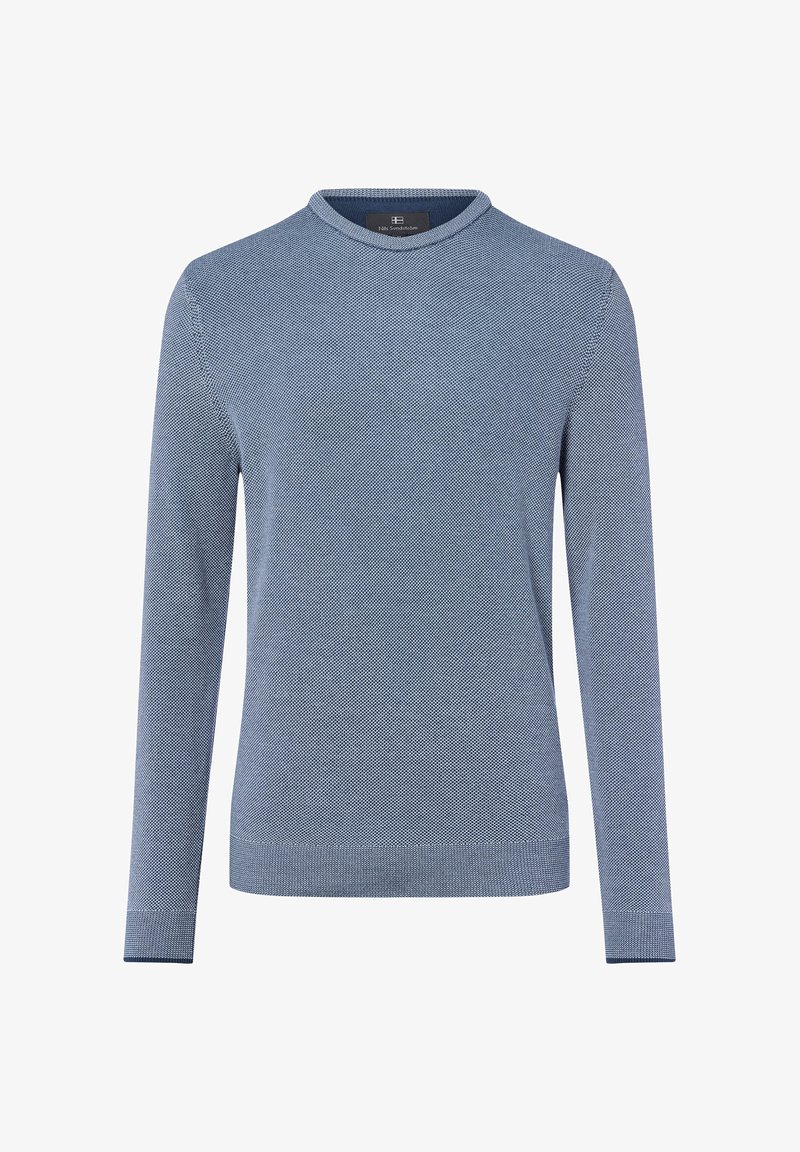 Maglione blu lavorato a maglia con maniche lunghe, colletto rotondo, motivo testurizzato e polsini e orlo a costine. Realizzato in tessuto morbido, presenta un design sottile.