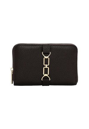 Black textured leather wallet with gold-tone hardware and a chain link accent. Features a zip closure and a side tassel detail.