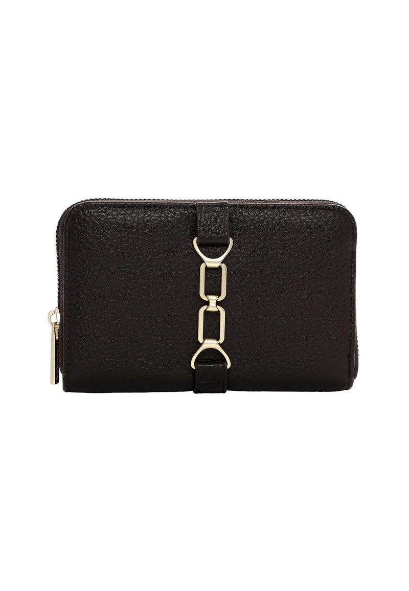 Schwarze strukturiertes Leder-Brieftasche mit goldfarbener Hardware und einem Kettenglied-Akzent. Verfügt über einen Reißverschluss und ein seitliches Quasten-Detail.