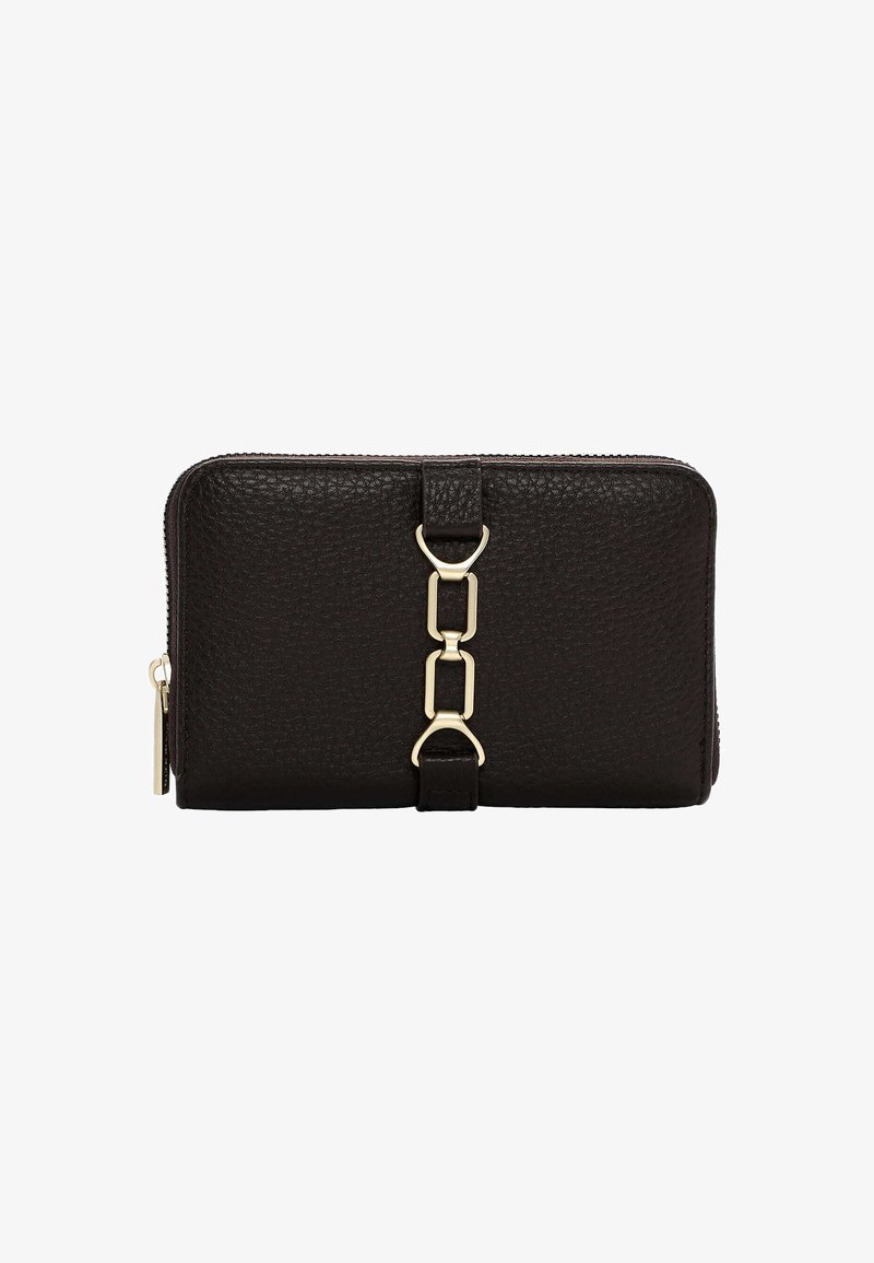 Black textured leather wallet with gold-tone hardware and a chain link accent. Features a zip closure and a side tassel detail.