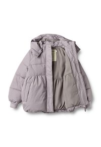 Giacca imbottita lavanda chiara con cappuccio, chiusura frontale a scatto, tasche laterali, polsini a coste e fodera interna liscia.