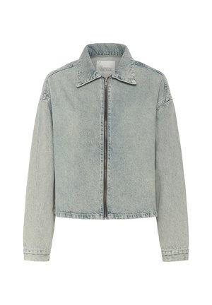 Light blue denim jacket with a collar, long sleeves, front zip closure, and a slightly cropped design. Soft texture, minimal stitching details.