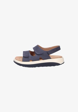 Sandalo blu navy con punta aperta, due cinturini regolabili e suola imbottita beige per comfort e supporto.