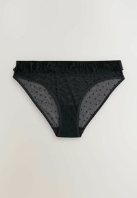 Svarta genomskinliga bikiniunderbyxor med prickigt mönster, volangliv och elastiska kanter för komfort och passform.