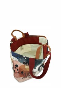 Borsa a tracolla colorata con una combinazione di illustrazioni, caratterizzata da un interno chiaro, manici marroni e una tasca interna con cerniera.