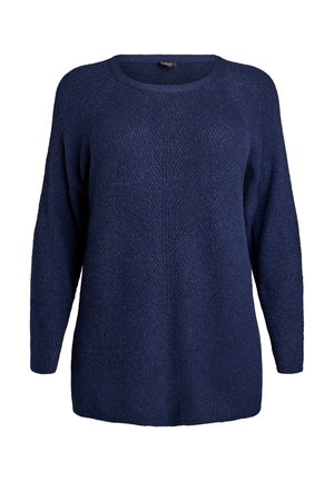 Navyblauer übergroßer Strickpullover mit strukturiertem Muster, rundem Halsausschnitt und langen Ärmeln. Weicher Stoff und entspannte Passform.