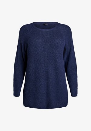 Tamsiai mėlynas per didelis megztinis su tekstūriniu raštu, apvalia iškirpte ir ilgomis rankovėmis. Minkšta medžiaga ir laisvas siluetas.