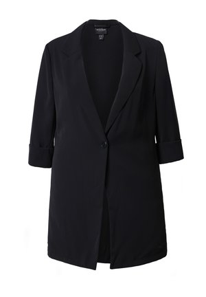 Sort blazer med en enkelt knap, notched revers og trekvartlange ærmer, designet til en løs pasform.