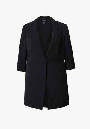 Schwarzer Blazer mit einem Knopf, Revers mit Kerbkragen und dreiviertellangen Ärmeln, für eine lockere Passform entworfen.