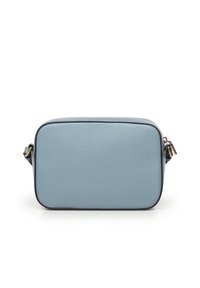 Borsa a tracolla in pelle blu con finitura testurizzata, forma rettangolare, rifiniture nere, chiusura con cerniera e dettagli in metallo dorato.