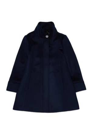 Marineblauer Wollmantel mit hohem Kragen, vertikalen Nahtdetails und zwei Seitentaschen; verfügt über einen einzigen Knopfverschluss.