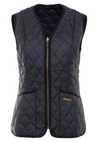 Granatowa kamizelka pikowana z dekoltem w kształcie V, złotym zamek błyskawiczny, dwiema przednimi kieszeniami i pomarańczowym logo "Barbour" na lewej kieszeni.