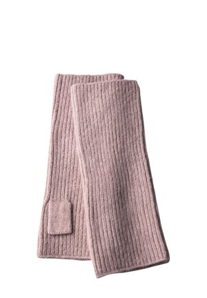 Ribbed leg warmers in soft pink, made from a textured wool blend, featuring a small fabric patch on one side.