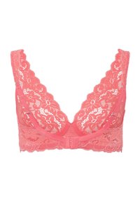 Korálový krajkový bralet s hlubokým V-výstřihem, květinovým vzorem a nastavitelnými ramínky. Má zapínání na háček a oko na zadní straně.