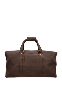 Brown leather duffel bag with dual handles, a front zip pocket, and brass hardware accents; smooth texture with a subtle sheen.