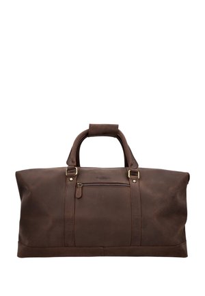 Bolsa de viaje de cuero marrón con asas dobles, un bolsillo frontal con cremallera y detalles en hardware de latón; textura suave con un brillo sutil.