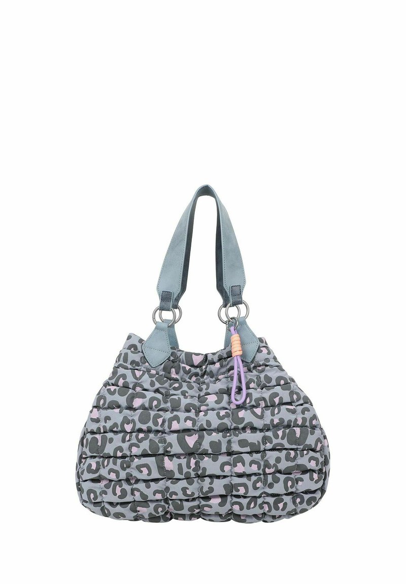 Borsa a tracolla trapuntata grigia con stampa leopardata rosa. Presenta manici in pelle blu e accessori in argento, con un moschettone decorativo viola.